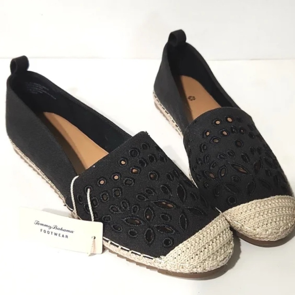 Tommy Bahama Shoes Women Selena Black Cream Eyelet Espadrilles Flat Slip On